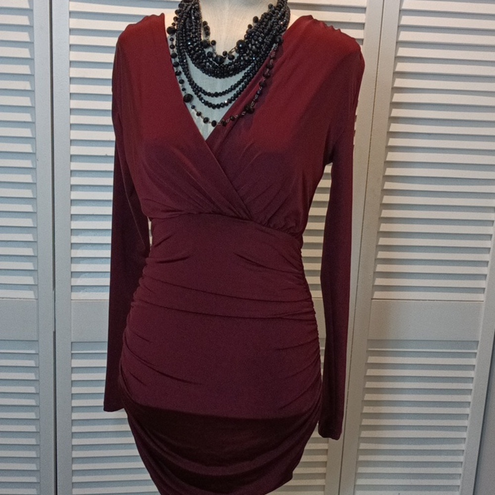 Silky V-Neck Rouche Bodycon Mini Dress Holiday Maroon